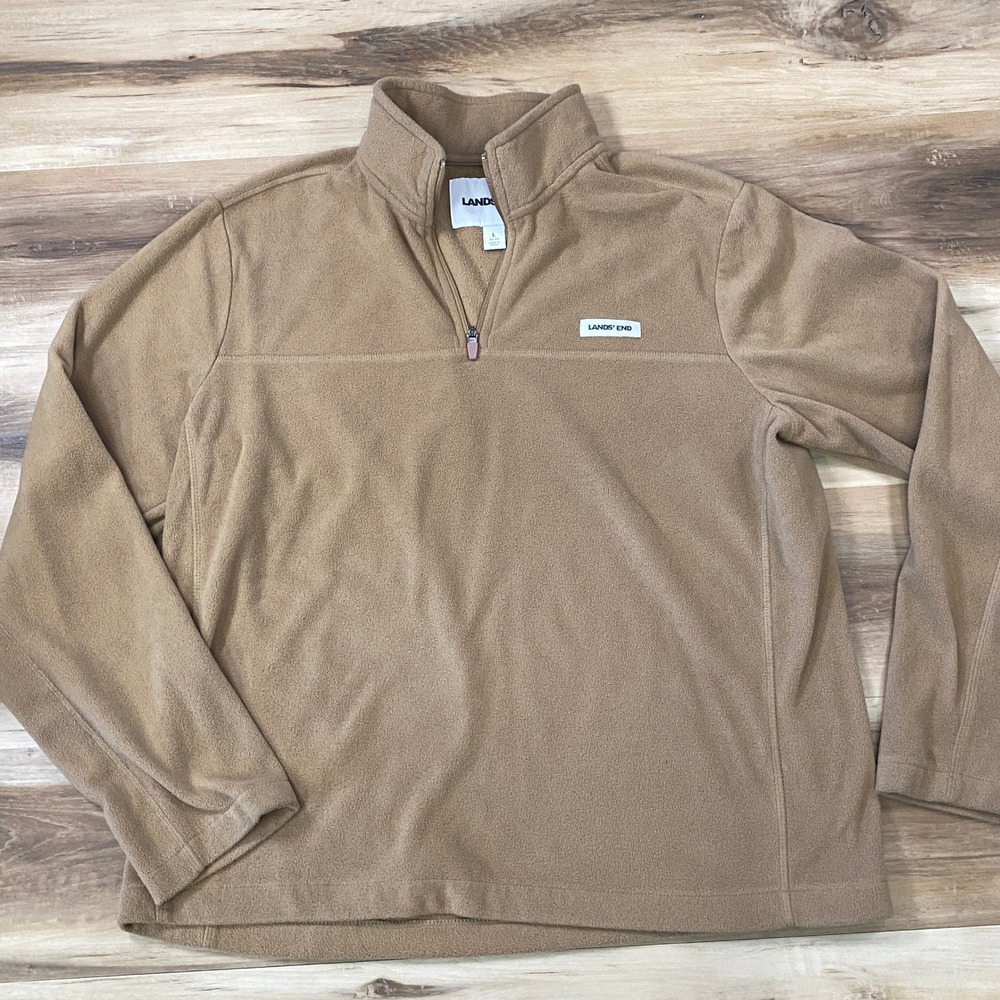 Lands End Fleece Pullover Mens L Gorpcore Polyester 1/4 Zip Camel Brown Outdoor